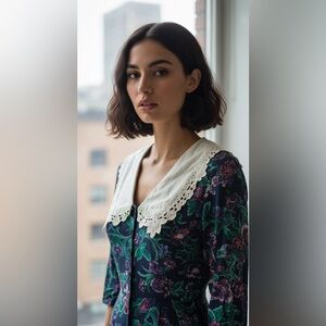 1980s Sarin NY Floral Dress Lace Bib Collar Cottage Prairie Pilgrim Folk MED